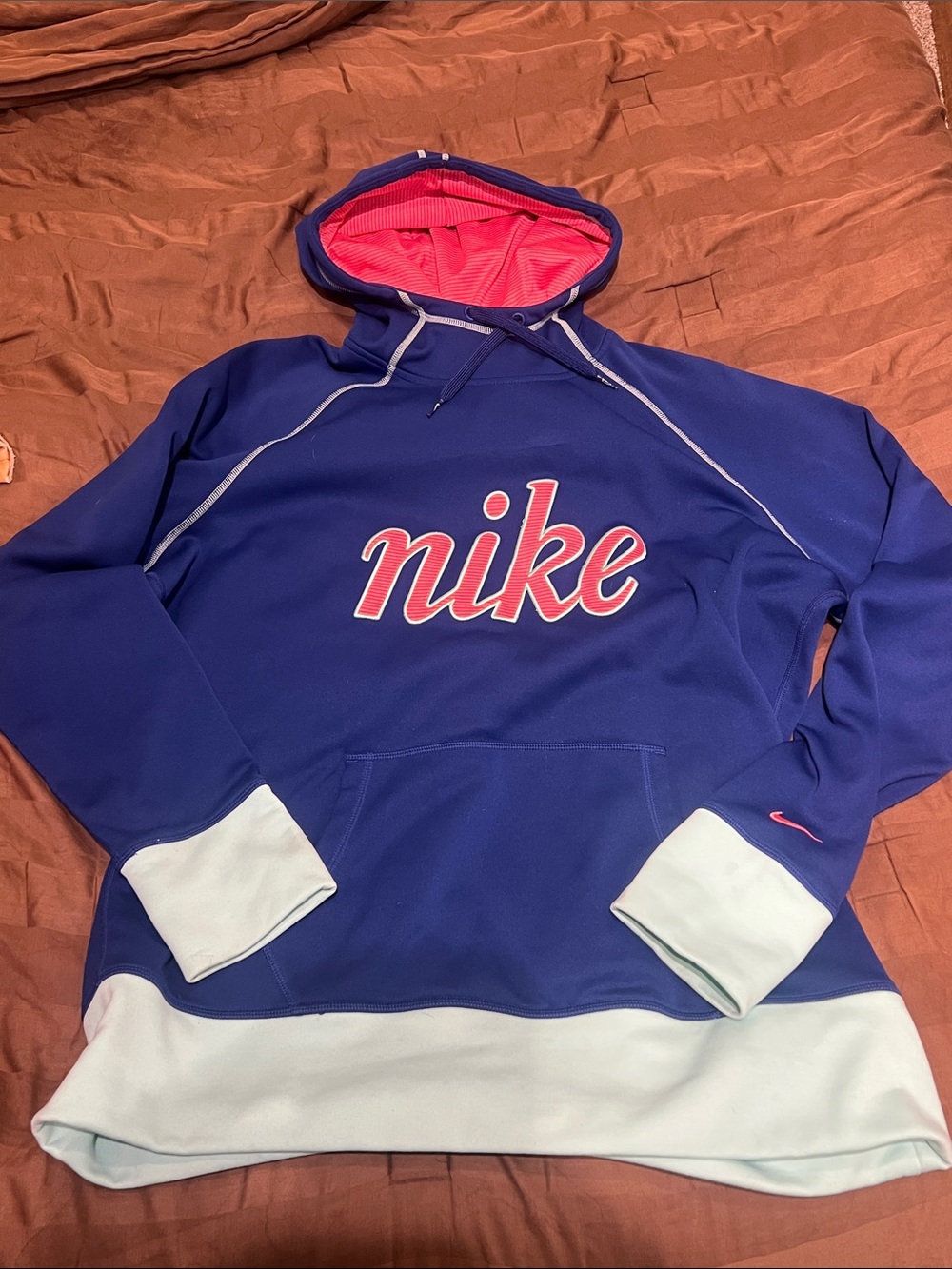 Nike Navy Hoodie with Pink Logo and Light Blue Accents